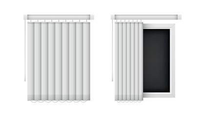 Closed and open vertical window blinds. Realistic office louvers, front view. Vector jalousie mockup for interior decoration design