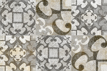 Digital tiles design. 3D render Colorful ceramic wall tiles decoration. Abstract damask patchwork pattern with geometric and floral ornaments, Vintage tiles intricate details