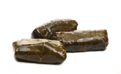 Sarma, rice wrapped in vine leaf isolated on white background, 