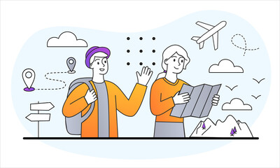 Hiking in Mountains concept. Couple goes on trip to nature. Woman holds map and looks for way, man waves his hand. Cartoon doodle flat doodle vector illustration isolated on a white background