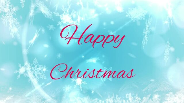 Animation of happy christmas text over falling snow on blue background