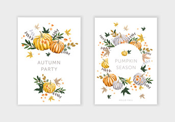 Fototapeta na wymiar Autumn cards design template with orange, yellow, gray pumpkins, maple leaves, white background. Vector illustration. Nature design. Fall season
