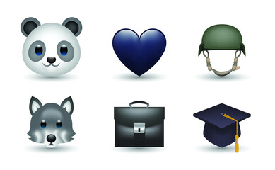 6 Emoticon isolated on White Background. Isolated Vector Illustration. Panda, heart, helmet, wolf, briefcase, bachelor cap vector emoji Illustration. Set of 3d objects Illustration in black color © Turkan Jabbarli