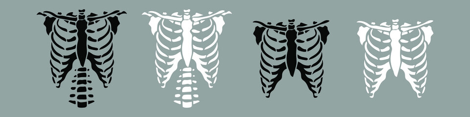 Set of Black and white chest bone. T-shirt print for Horror or Halloween. Hand drawing illustration isolated on background. Vector EPS 10. 