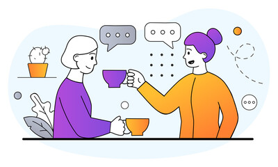 Friends drinking tea concept. Women hold cups of hot drinks in their hands and communicate. People enjoying coffee break in public place. Cartoon doodle flat vector illustration on white background