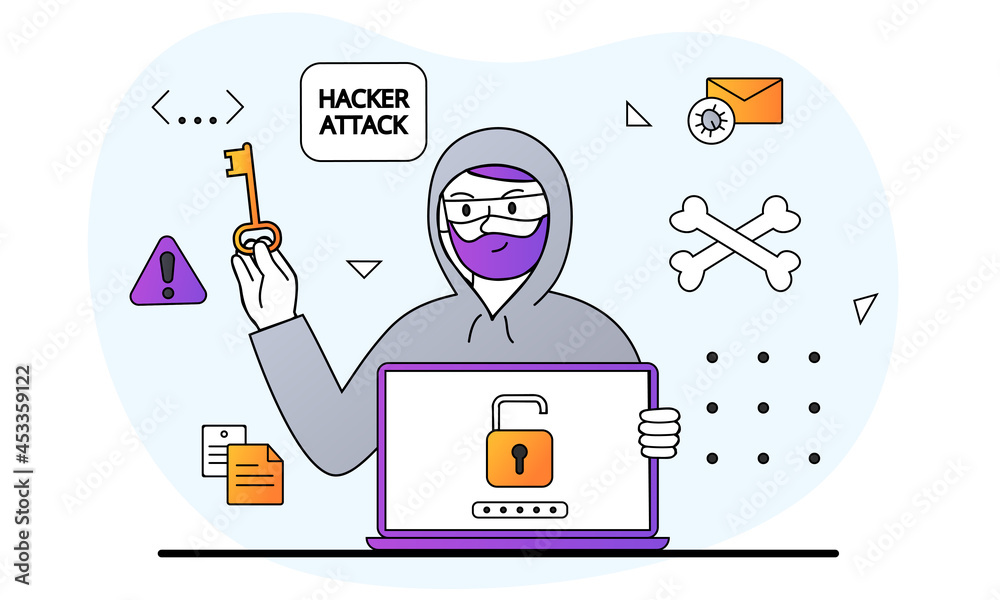 Poster hacker activity concept. man hacks computer and steals information. cyber crime and personal data pr