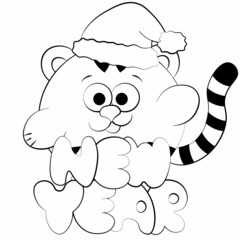 Cute cartoon new years Tiger. Draw illustration in black and white
