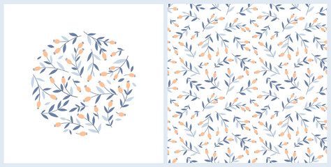 Rosehip set of seamless patterns and round print with berries and leaves. Trend vector background in simple hand drawn cartoon childish style in rose and blue color.