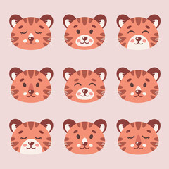 Cute tigers faces. Striped tigers set. Tiger cub. Vector illustration