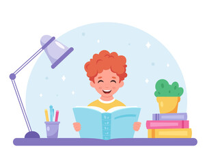 Boy reading book. Boy studying with a book. Vector illustration