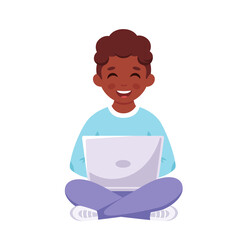 Black boy studying with laptop. Online learning, back to school concept. Vector illustration