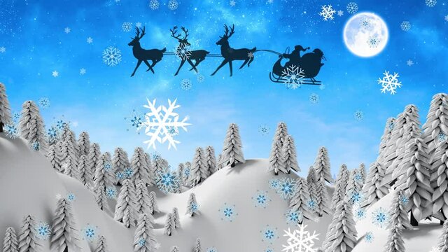 Snowflakes falling against santa claus in sleigh being pulled by reindeers over winter landscape
