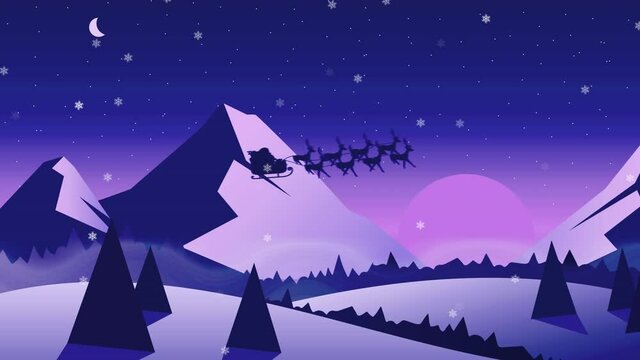 Animation of santa claus in sleigh with reindeer over snow falling and moon on purple background