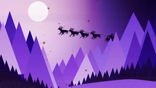 Animation of santa claus in sleigh with reindeer over red spots falling and moon on purple