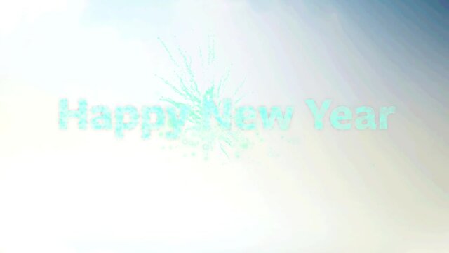 Happy new year text over fireworks exploding against gradient blue background