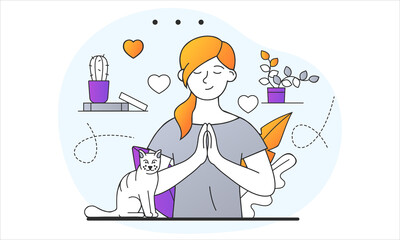 Self love concept. Happy woman feels self confidence and harmony with her body and mind. Mental and psychological health. Cartoon doodle flat vector illustration isolated on white background