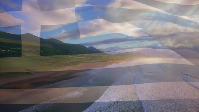 Animation of flag of greece waving over beach landscape, sea and cloudy blue sky