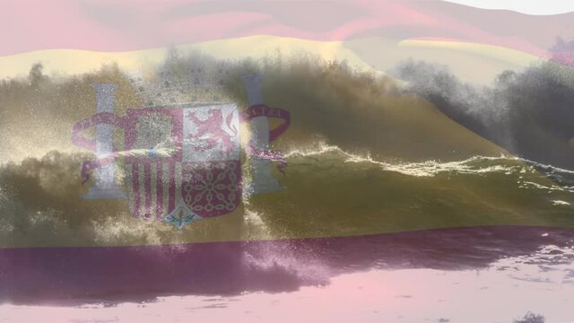 Animation of flag of spain blowing over crashing waves in sea