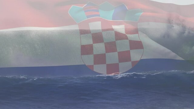 Animation of flag of croatia waving over crashing waves in sea
