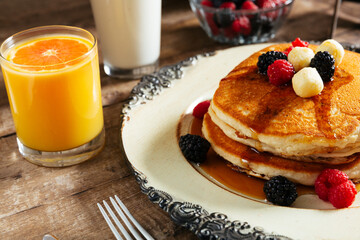 Fresh pancakes with berries brunch
