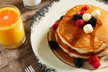 Fresh pancakes with berries brunch
