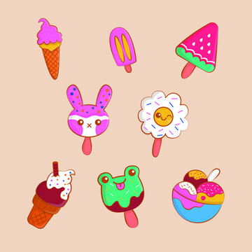 Set of sticker pictures with cute sweet ice cream chocolate and fruit color