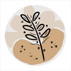 abstract highlights icon on the theme of plants and water. Hand-drawn various shapes and objects scribbles brush strokes, spots. Modern trendy brown and beige colors.