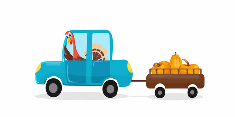A turkey driving a car with pumpkins. Vector cartoon illustration. - obrazy, fototapety, plakaty