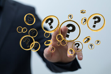 Businessman solving problem with digital question marks 3D rendering