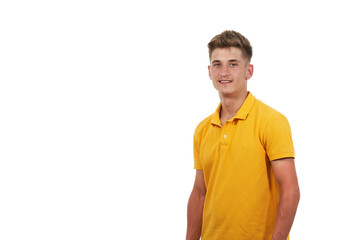 portrait of a handsome caucasian man with yellow t-shirt and mustache