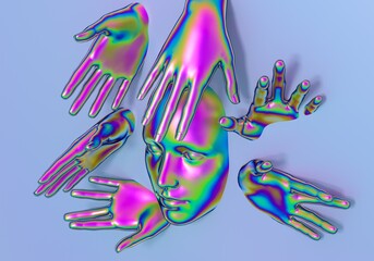 Surrealistic abstract 3d illustration of hands and face emerging and appearing from a wall. Concept of mental health issues.