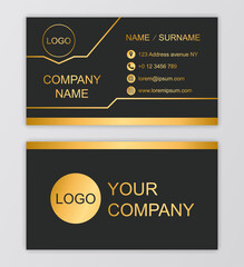 Elegant Business Card. Element of corporate identity . Black background, gold inscriptions and lines. Place for information and contact details. Luxury modern gradient design for firms and companies