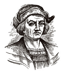 Antique portrait of Christopher Columbus, historic Italian explorer and navigator. Illustration after antique engraving from 19th century