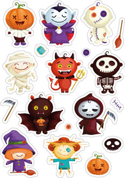 Set of stickers of cartoon characters in costumes for Halloween. Cute Dracula, Witch, Bat, Scarecrow, pumpkin, Voodoo doll, Death with a scythe, skeleton, Egyptian mummy. Vector graphics