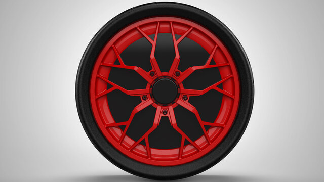 Car wheel with red rim.  3D Rendering image. Red Rim. Black Tire. Tire Tread. Side View. Axial View.