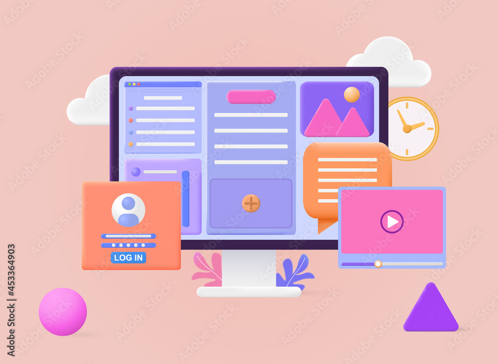 Poster computer with open pages. user interface design. convenient and stylish layout of site. template for