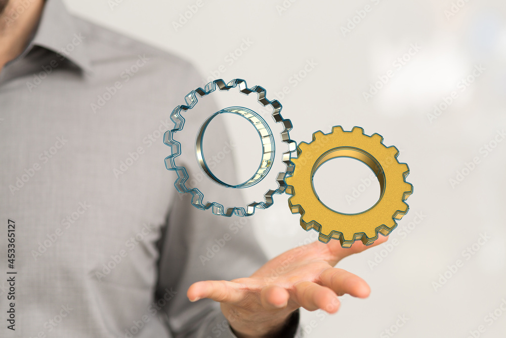 Poster Cogs and gear wheel mechanisms. Hi-tech digital technology and engineering. Abstract technical background..