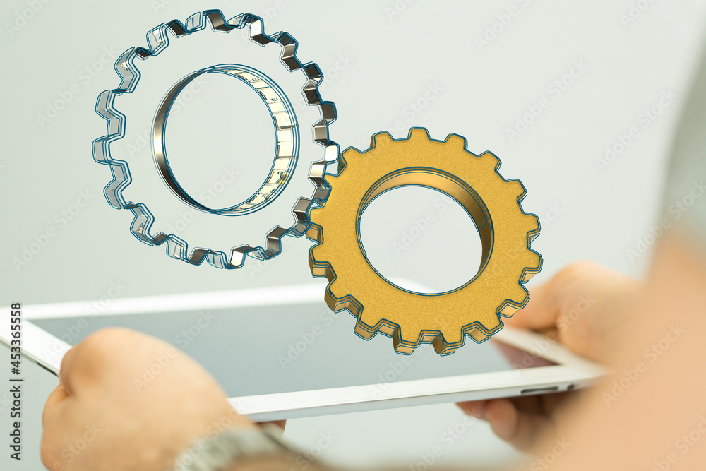 Aufkleber Cogs and gear wheel mechanisms. Hi-tech digital technology and engineering. Abstract technical background..