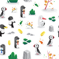 Obraz premium Pattern with the image of birds, leaves and stones on a white background