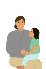 Woman sitting down with child in lap