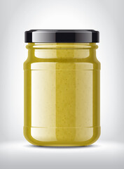 Glass Jar with Mustard on Background. 