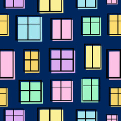 Original night windows pattern on a blue background. Vector illustration. Print. Vector illustration