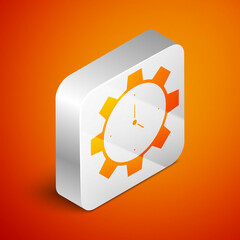 Isometric Time Management icon isolated on orange background. Clock and gear sign. Productivity symbol. Silver square button. Vector