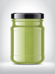 Glass Jar with Wasabi on Background. 