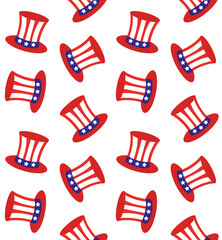 Vector seamless pattern of flat cartoon American flag hat isolated on white background