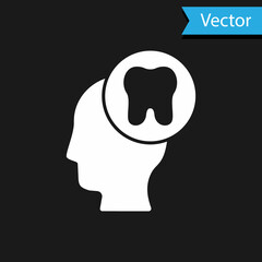 White Human head with tooth icon isolated on black background. Tooth symbol for dentistry clinic or dentist medical center and toothpaste package. Vector