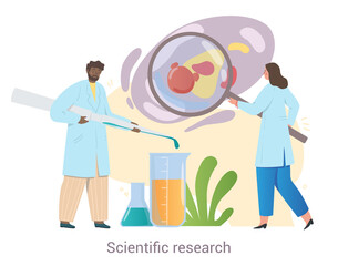 Cheerful team of medical workers is conducting scientific research together on white background. Concept of people conducting professional research in laboratory. Flat cartoon vector illustration