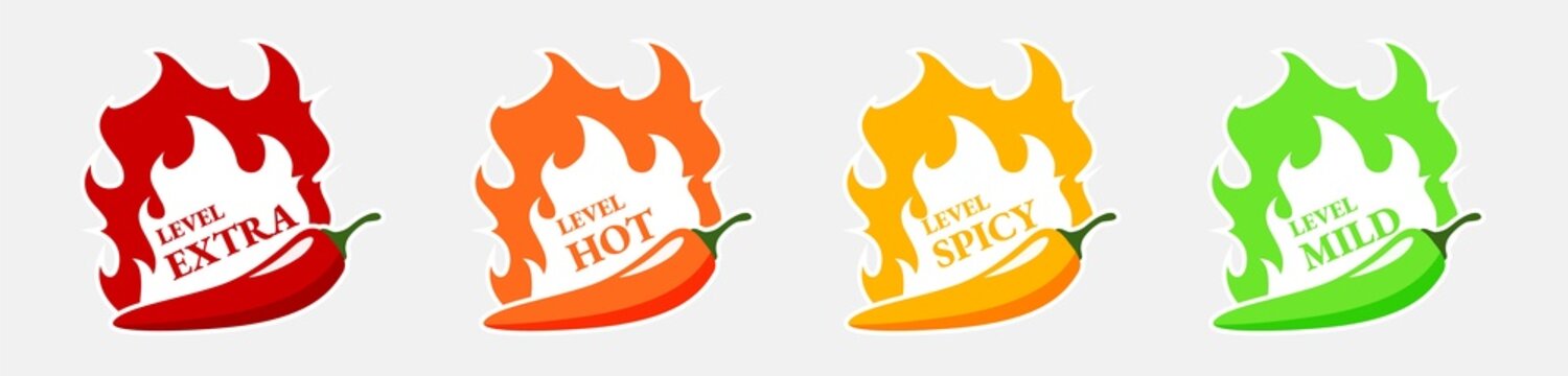 Spicy hot chili pepper icons set with flame and rating of spicy Mild, medium hot and extra hot level of pepper sauce or snack food Chili pepper or chile habanero and jalapeno level Hot pepper sign