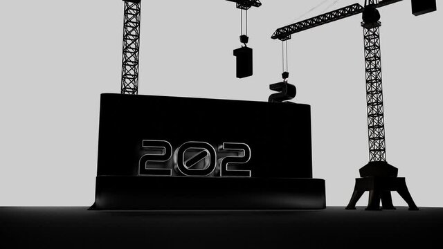 change from 2021 to 2022. cranes replace the year numbers. new year concept. black and white animation. 3d render