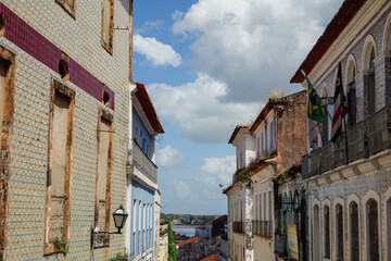 streetview of historic colonial buildings in Sao Luis downtown, Maranhao, Brazil